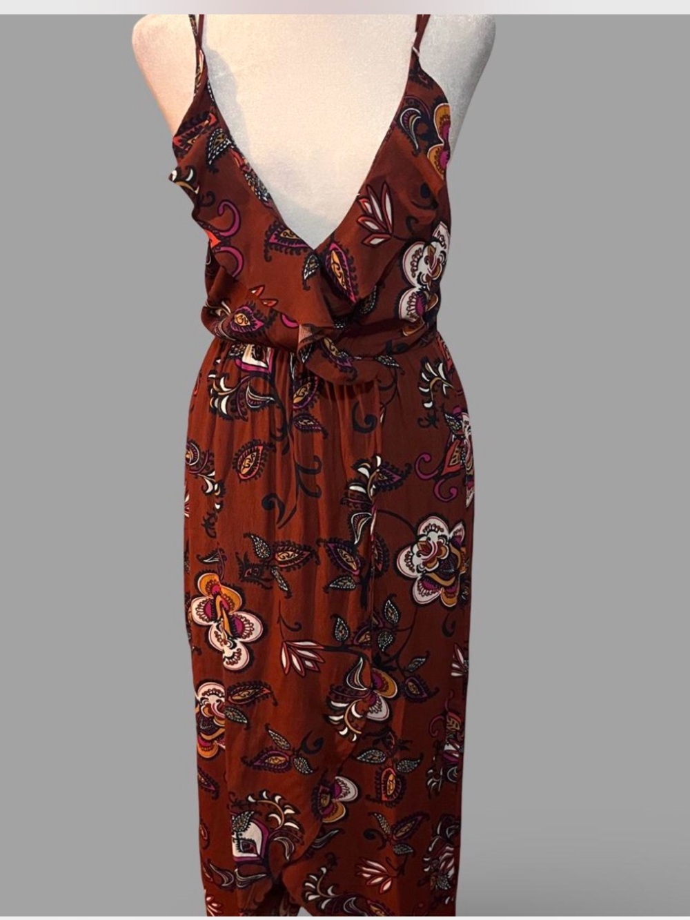 Astr Brown Floral Maxi Dress with V-Neck and Spaghetti Straps